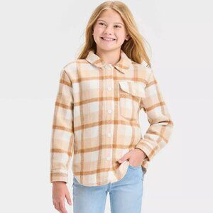 Cat & Jack - Girls' Plaid Button-Front Long Sleeve Shacket - Beige Plaid